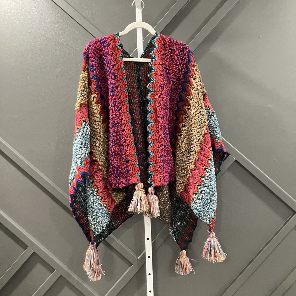 Saachi Multicolor Knit Tassel Ruana Poncho Shawl Wrap Cardigan One Size Boho
